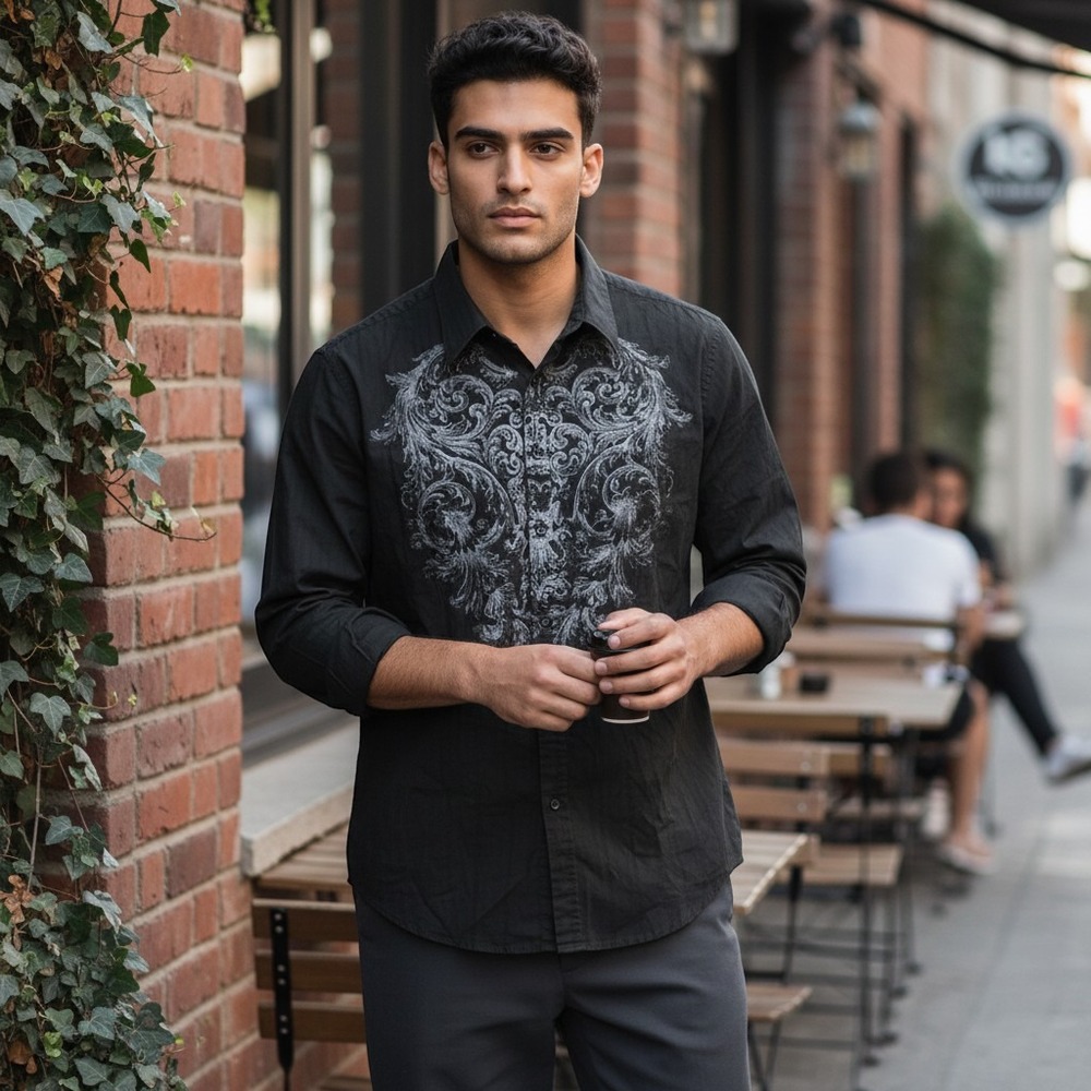 Eighth Avenue Graphic Button Down Shirt Mens Large Black Filigree Scroll Y2K Top